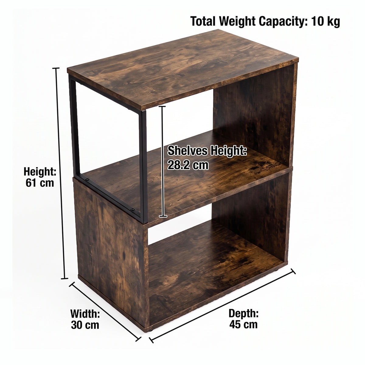 [Rustic] This size guide shows the table as 30 cm wide, 45 cm deep and 60 cm high with two 28.2 cm open shelves.