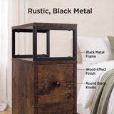 [Rustic] Side table finish graphic: Rustic Brown, Black Metal; wood-effect panels and round black knobs