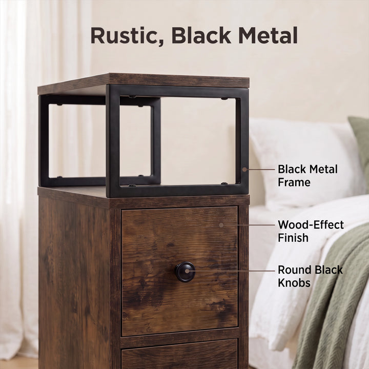 [Rustic] Side table finish graphic: Rustic Brown, Black Metal; wood-effect panels and round black knobs