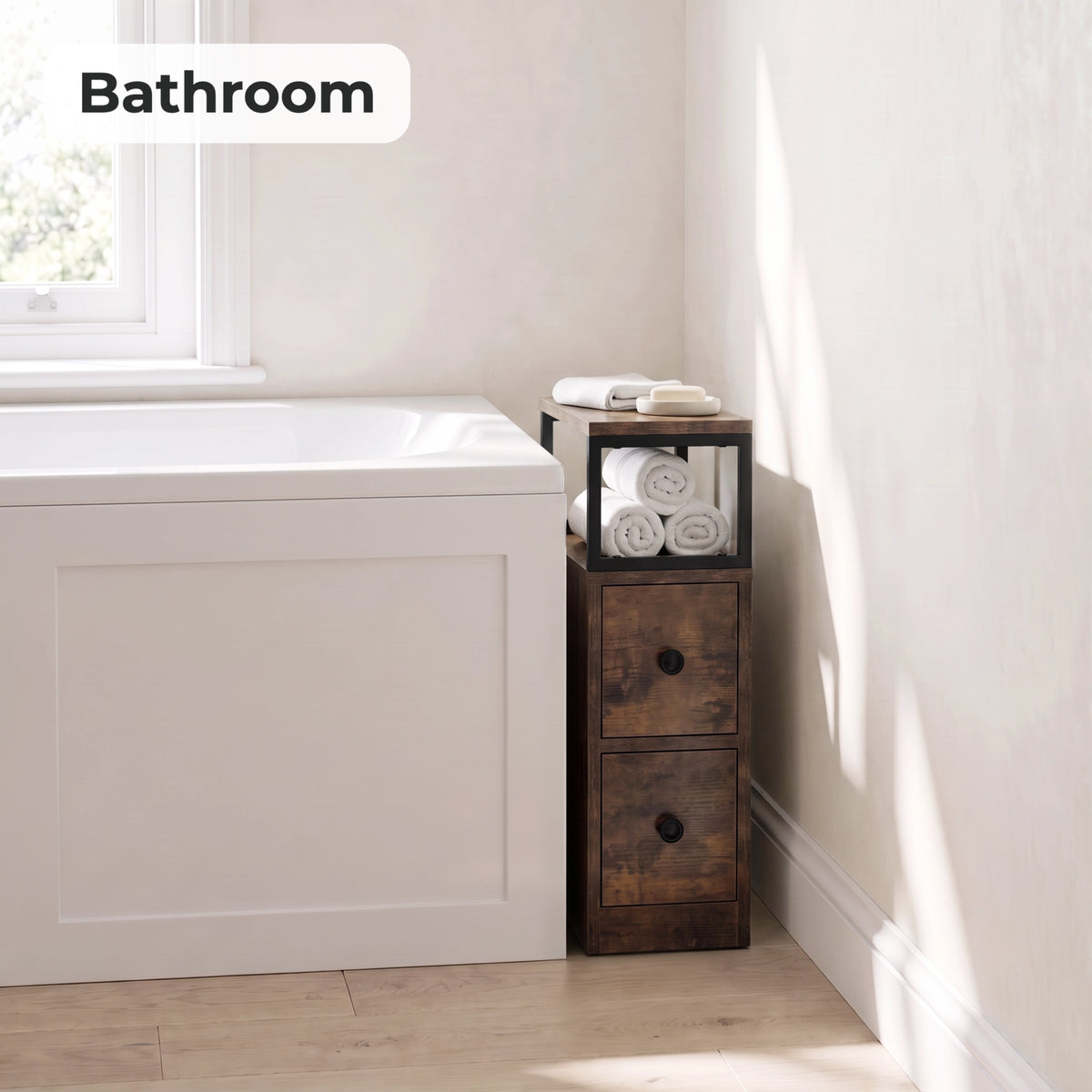 [Rustic] Narrow side table with storage beside a bath, holding towels and toiletries