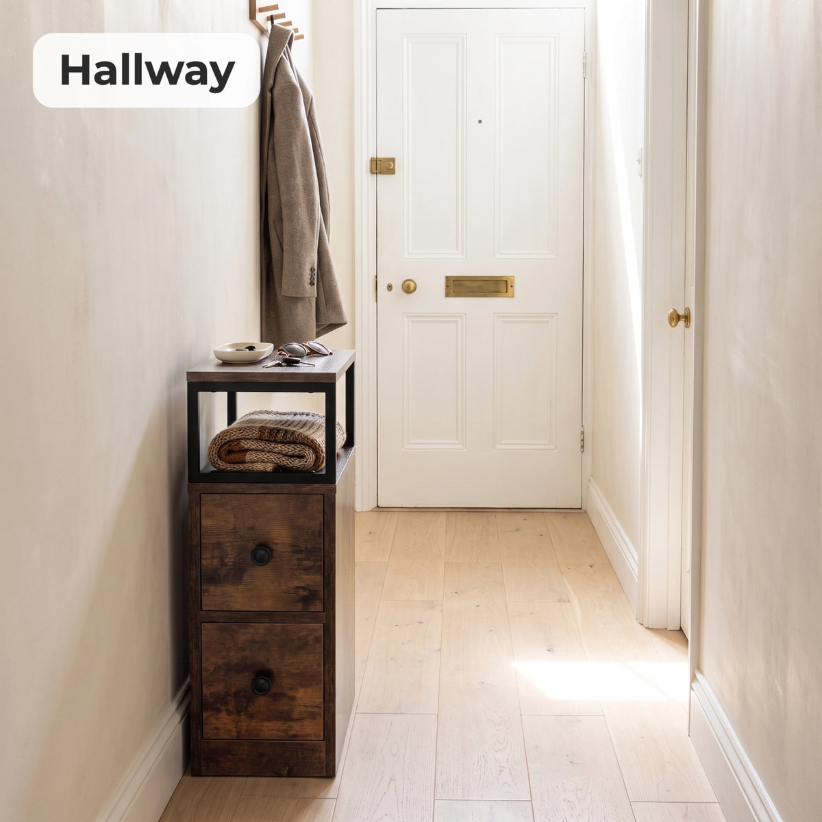 [Rustic] Narrow side table with storage in a hallway, with two drawers and an open display shelf