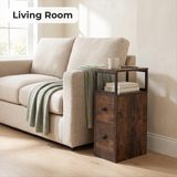 [Rustic] Narrow side table with storage beside a sofa, holding a lamp, plant and living room essentials