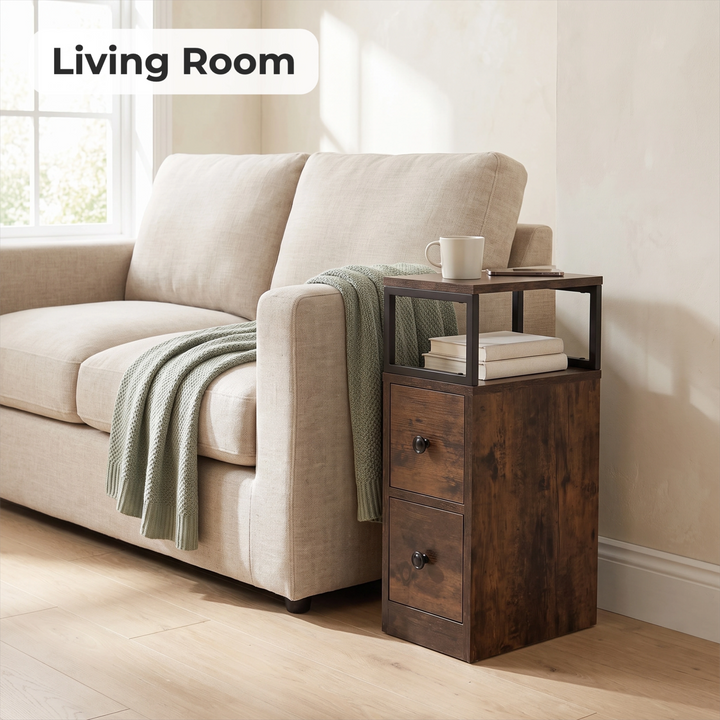 [Rustic] Narrow side table with storage beside a sofa, holding a lamp, plant and living room essentials