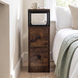 [Rustic] Narrow side table with storage, two drawers, open shelf, metal frame and wood-effect top