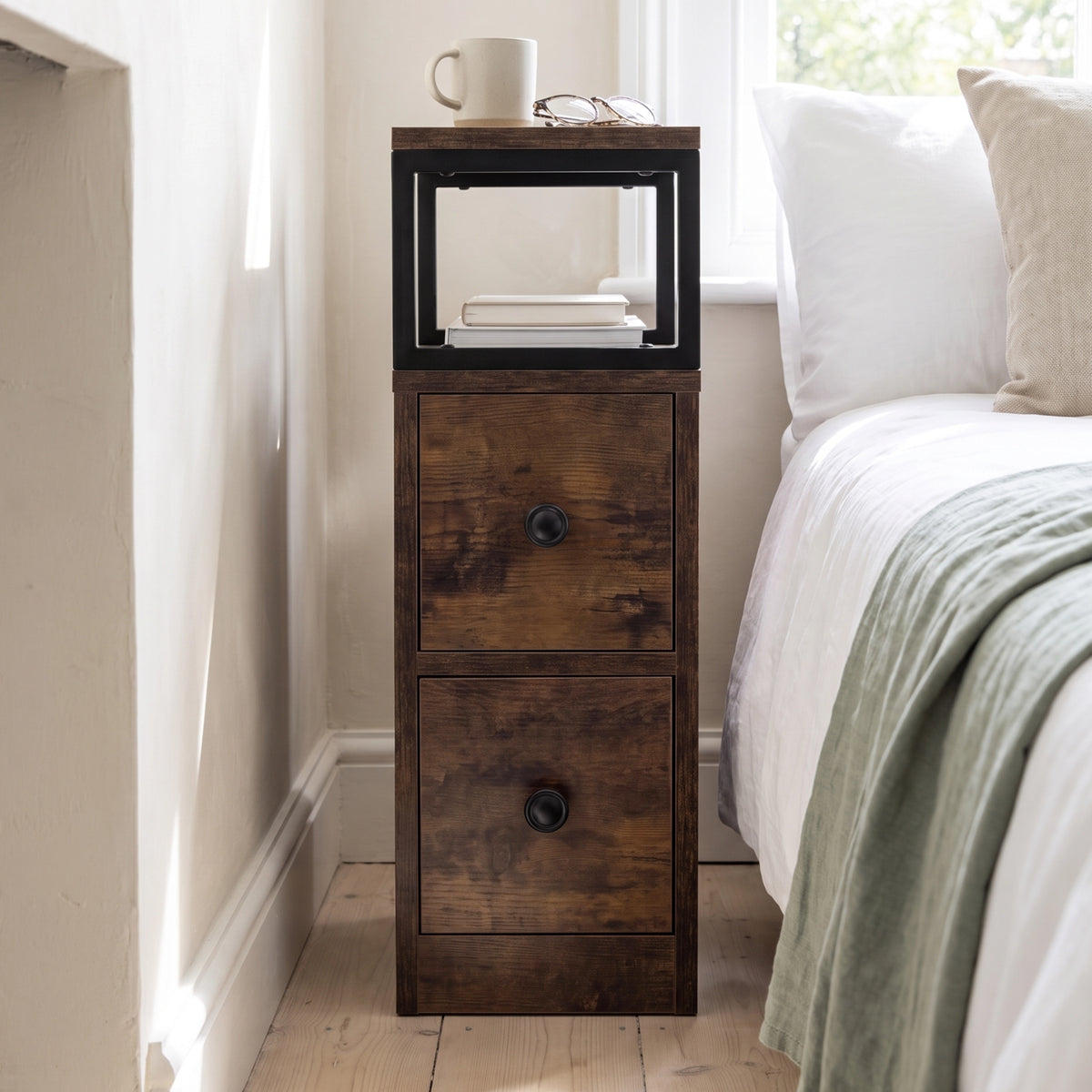 [Rustic] Narrow side table with storage, two drawers, open shelf, metal frame and wood-effect top