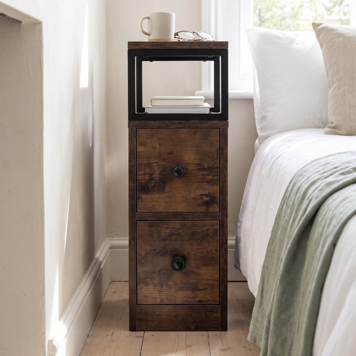 [Rustic] Narrow side table with storage, two drawers, open shelf, metal frame and wood-effect top