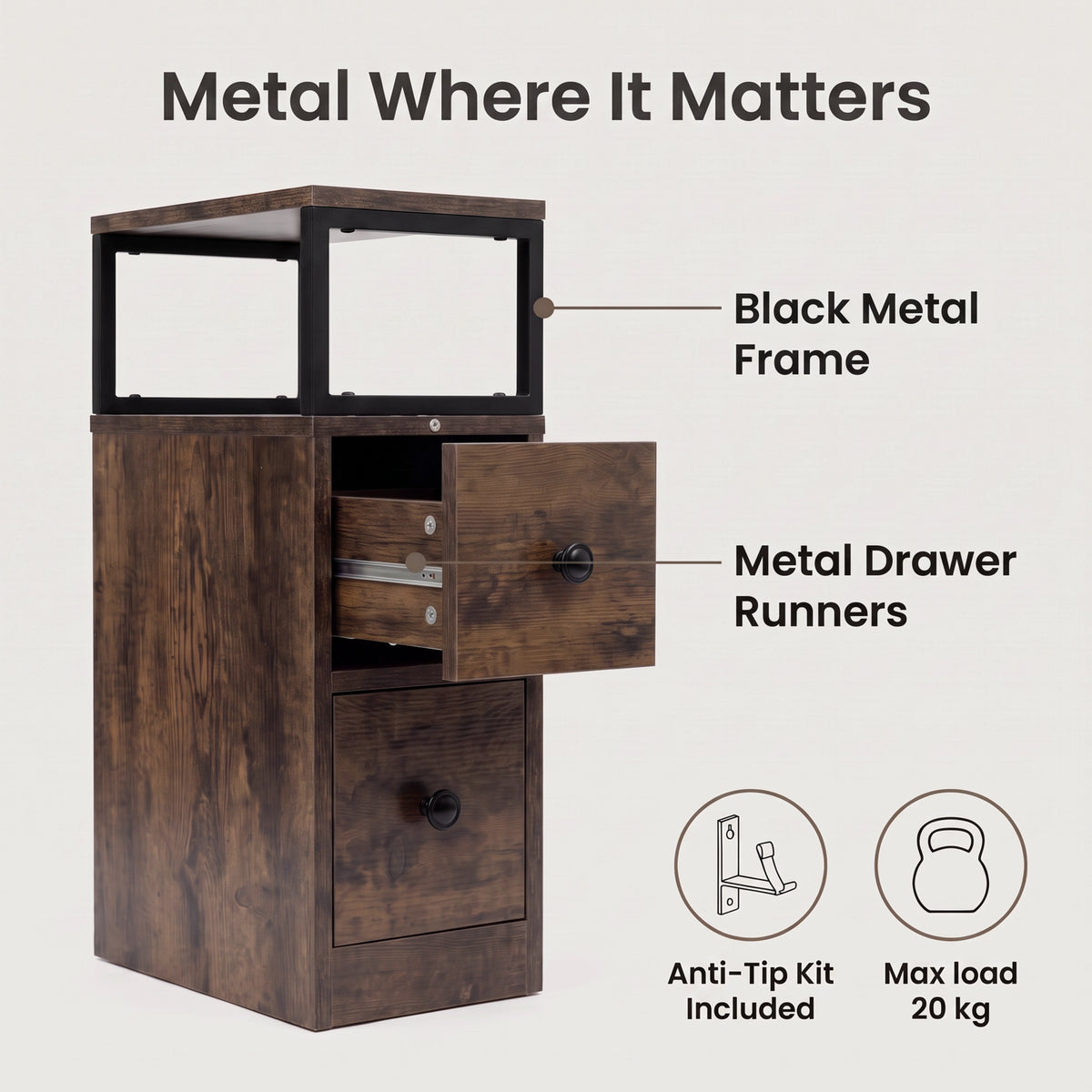 [Rustic] Side table graphic: black metal frame, metal drawer runners, anti-tip kit and 20 kg max load