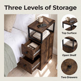 [Rustic] Side table graphic: Three Levels of Storage - top surface, open shelf and two drawers
