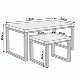 [Rustic] Nestline technical line drawing showing table widths, heights, and nested stool proportions
