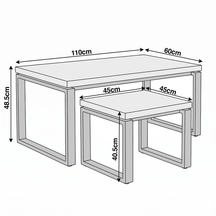[Rustic] Nestline technical line drawing showing table widths, heights, and nested stool proportions