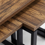 [Rustic] Nestline close-up of warm wood grain top crossing over the black metal support frame edge