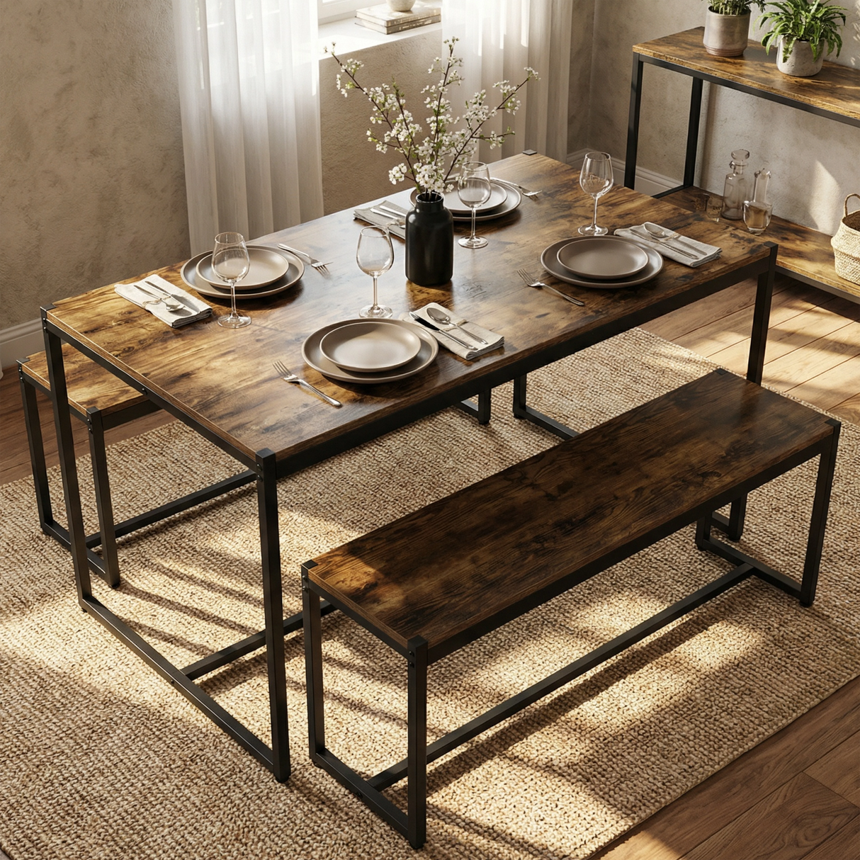 [Rustic] Orvak Dining Table with Bench Set 4 Seater lifestyle angled view in styled dining space with vase on table