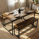 [Rustic] Orvak Dining Table with Bench Set 4 Seater lifestyle angled view in styled dining space with vase on table