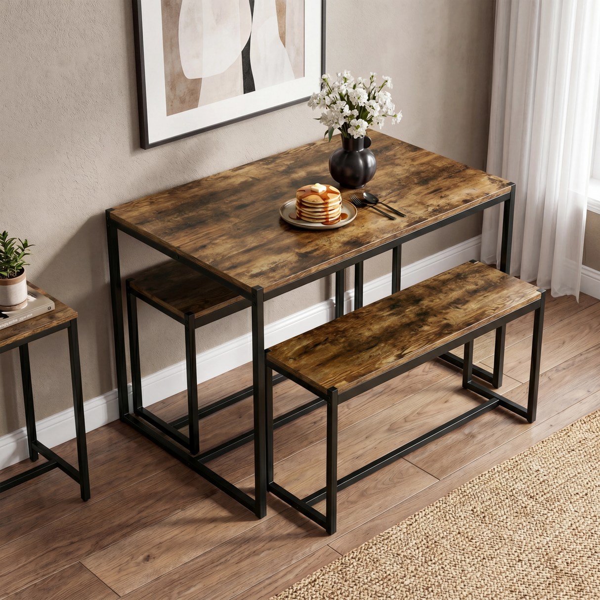 [Rustic] Orvak Dining Table with Bench Set 4 Seater lifestyle side-front view in a styled dining room setting