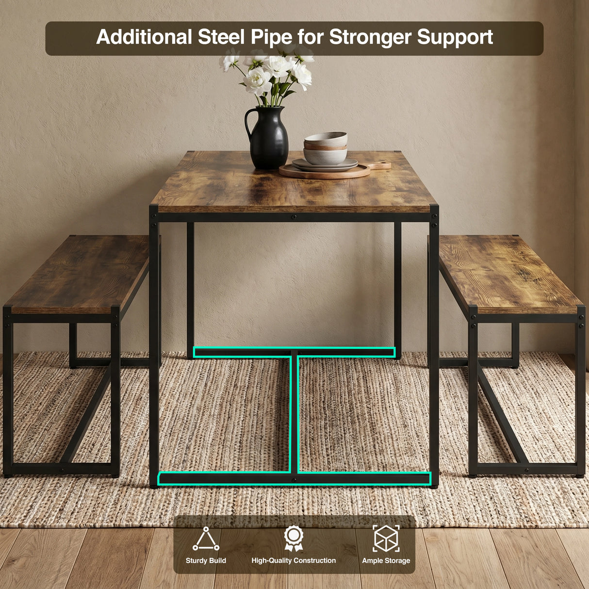 [Rustic] Orvak Dining Table with Bench Set 4 Seater featuring additional metal pipe for stronger frame support