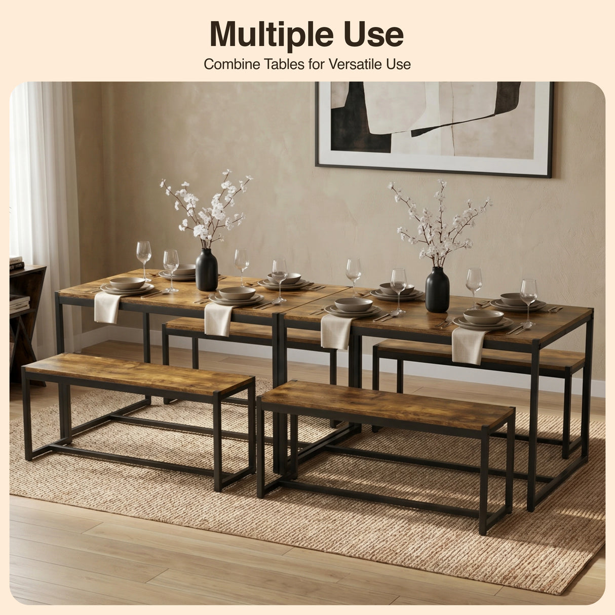 [Rustic] Orvak Dining Table with Bench Set 4 Seater multiple use lifestyle view in a styled dining setting