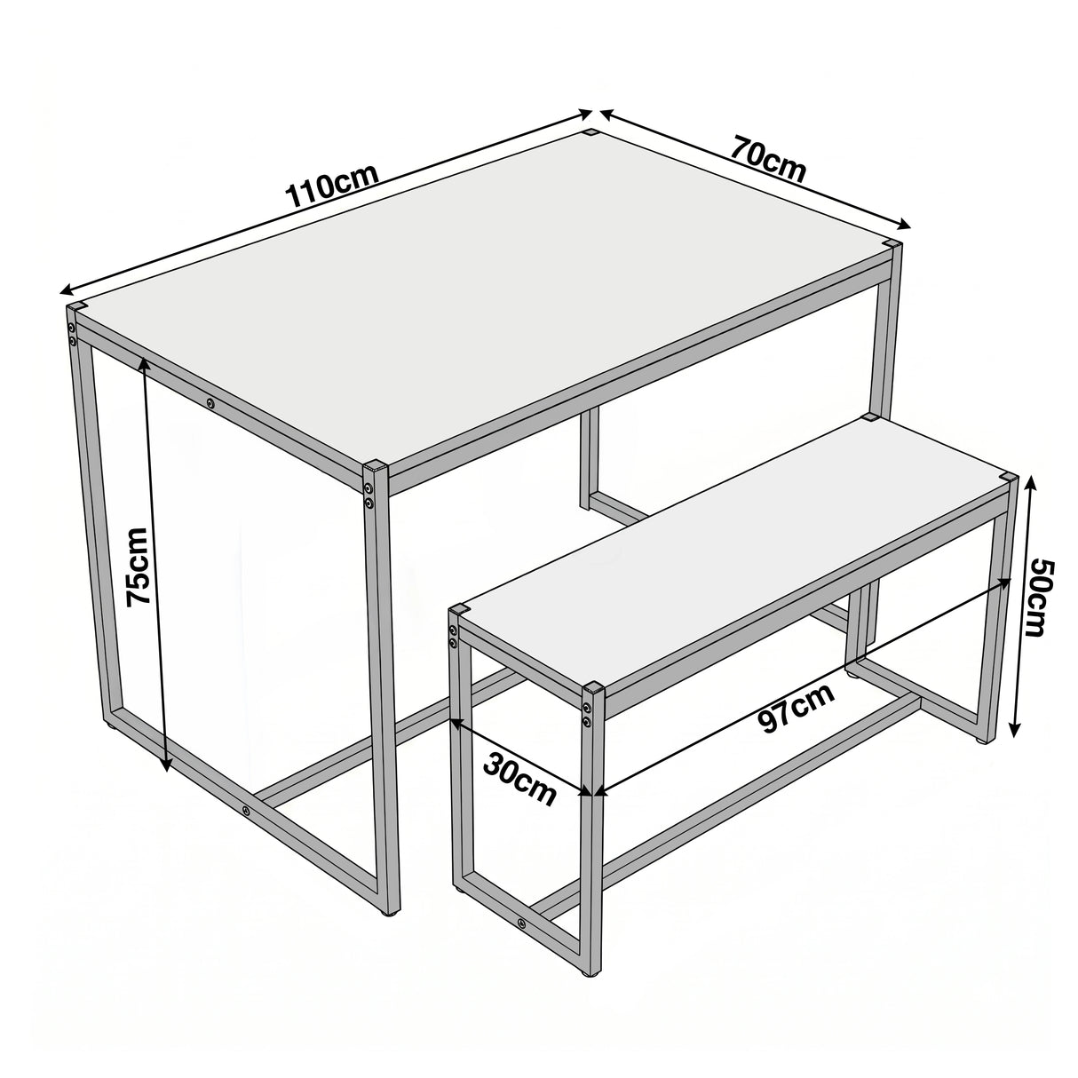 [Rustic] Orvak Dining Table with Bench Set 4 Seater size diagram showing table and bench measurements in cm