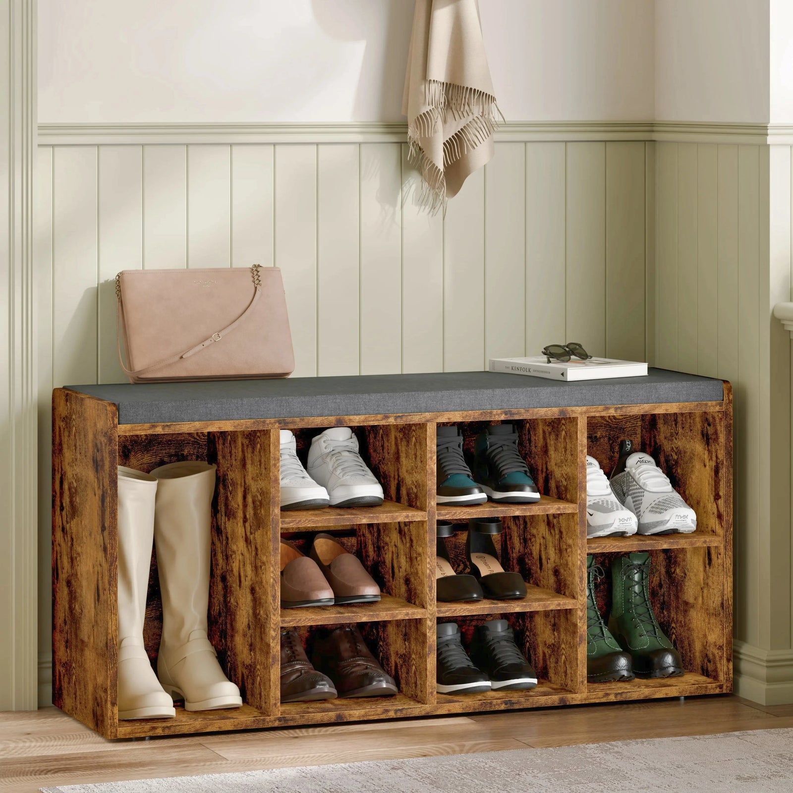 [Rustic] Rustic shoe storage bench angled view with handbag and books on grey padded seat