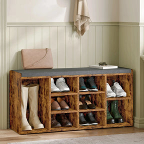 [Rustic] Rustic shoe storage bench angled view with handbag and books on grey padded seat