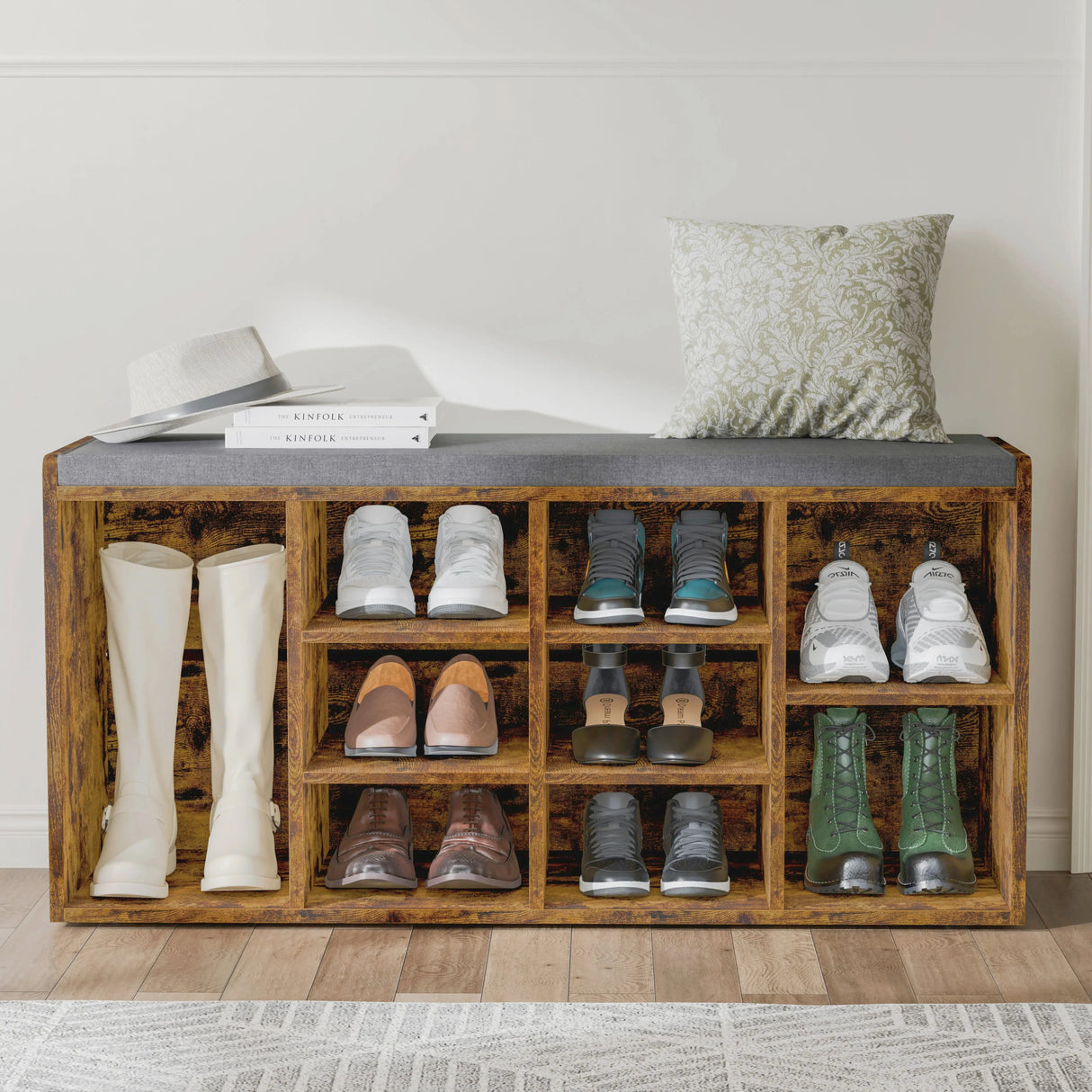 [Rustic] Shoe Storage Bench with Cushion | Shoe Rack Cabinet Hallway featuring rustic wood finish