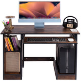 rustic computer desk with shelves styled with books and headphones on display, ideal for compact creative workspaces