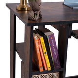 compact desk with shelves in rustic wood finish featuring visible storage space for books, gadgets, and small office gear