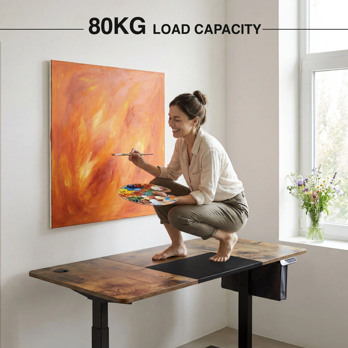 Durable Rustic Electric Standing Desk supports up to 80kg load capacity, showcasing strength and stability for creative or work tasks.