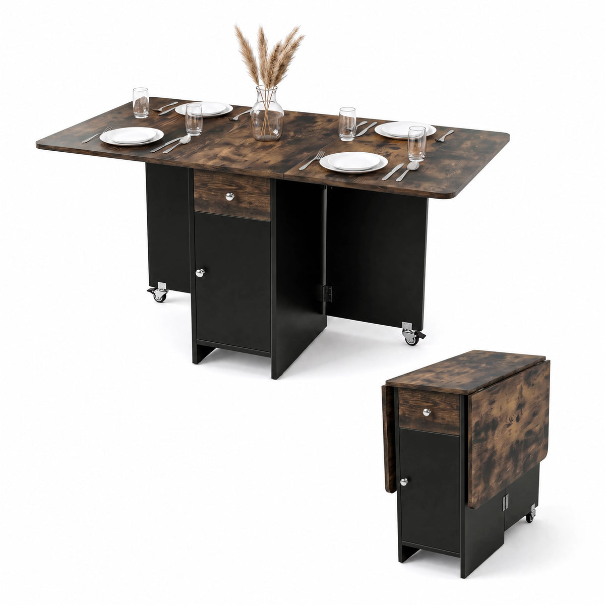 [Rustic] Space saving folding dining table for four shown fully open and compact closed with both wood-effect leaves folded.