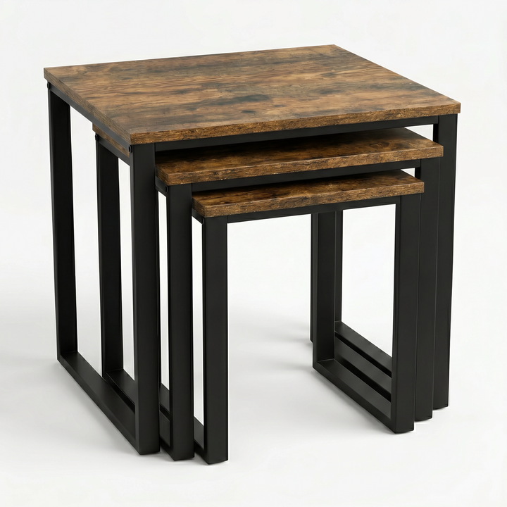 [Rustic] Stackora set of 3 nesting tables from front angle showing all three graduated tabletops nested within each other