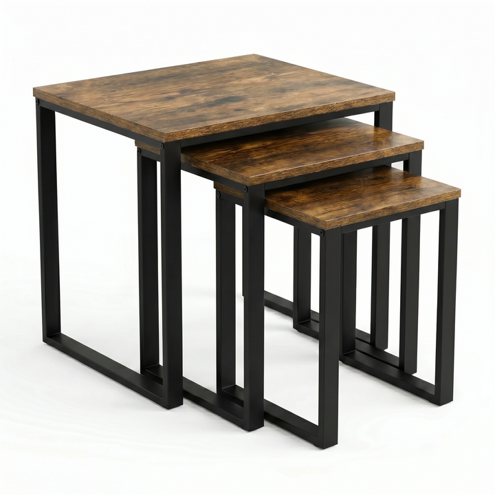 [Rustic] Stackora nest of tables set of 3 in graduated sizes with industrial black metal frames on a white background