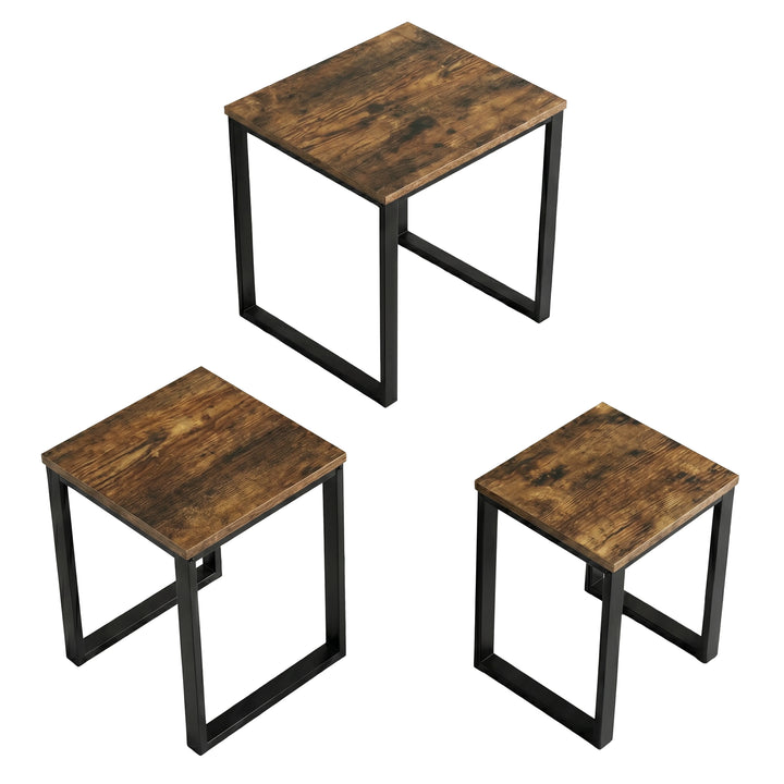 [Rustic] Stackora set of 3 nest of tables shown individually from above at three different heights with black metal loop frames