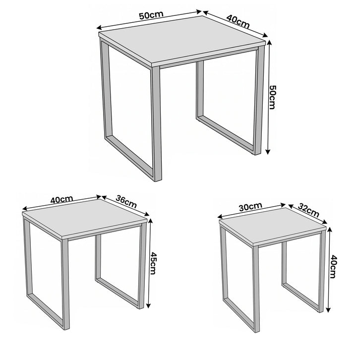 [Rustic] Stackora set of 3 nest of tables dimension diagram showing large 50x40x50cm, medium 40x36x45cm, and small 30x32x40cm measurements