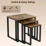 [Rustic] Stackora set of 3 nest of tables stacked together showing quick and easy flat-pack assembly icons on warm beige background