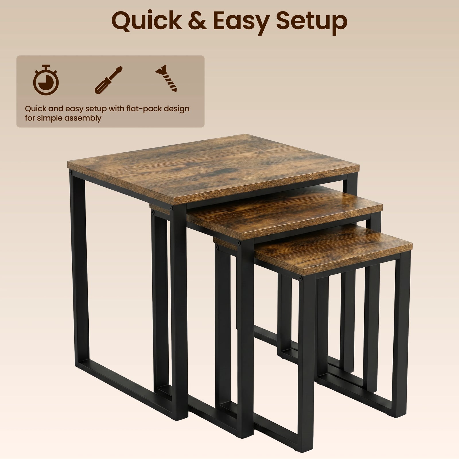 [Rustic] Stackora set of 3 nest of tables stacked together showing quick and easy flat-pack assembly icons on warm beige background