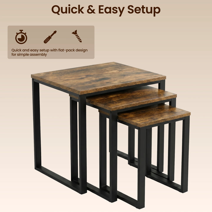 [Rustic] Stackora set of 3 nest of tables stacked together showing quick and easy flat-pack assembly icons on warm beige background
