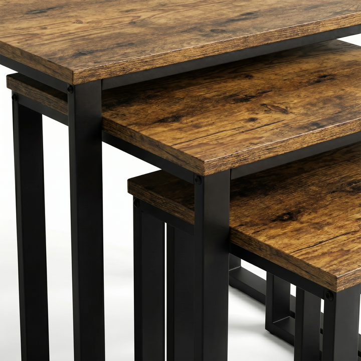 [Rustic] Stackora nest of tables close-up detail showing rustic wood grain tops and black metal corner bracket fixings