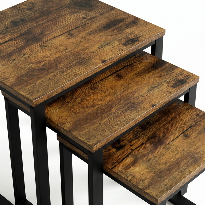 [Rustic] Stackora set of 3 nest of tables top-down close-up showing rich rustic wood grain texture and dark knot detailing on all three surfaces