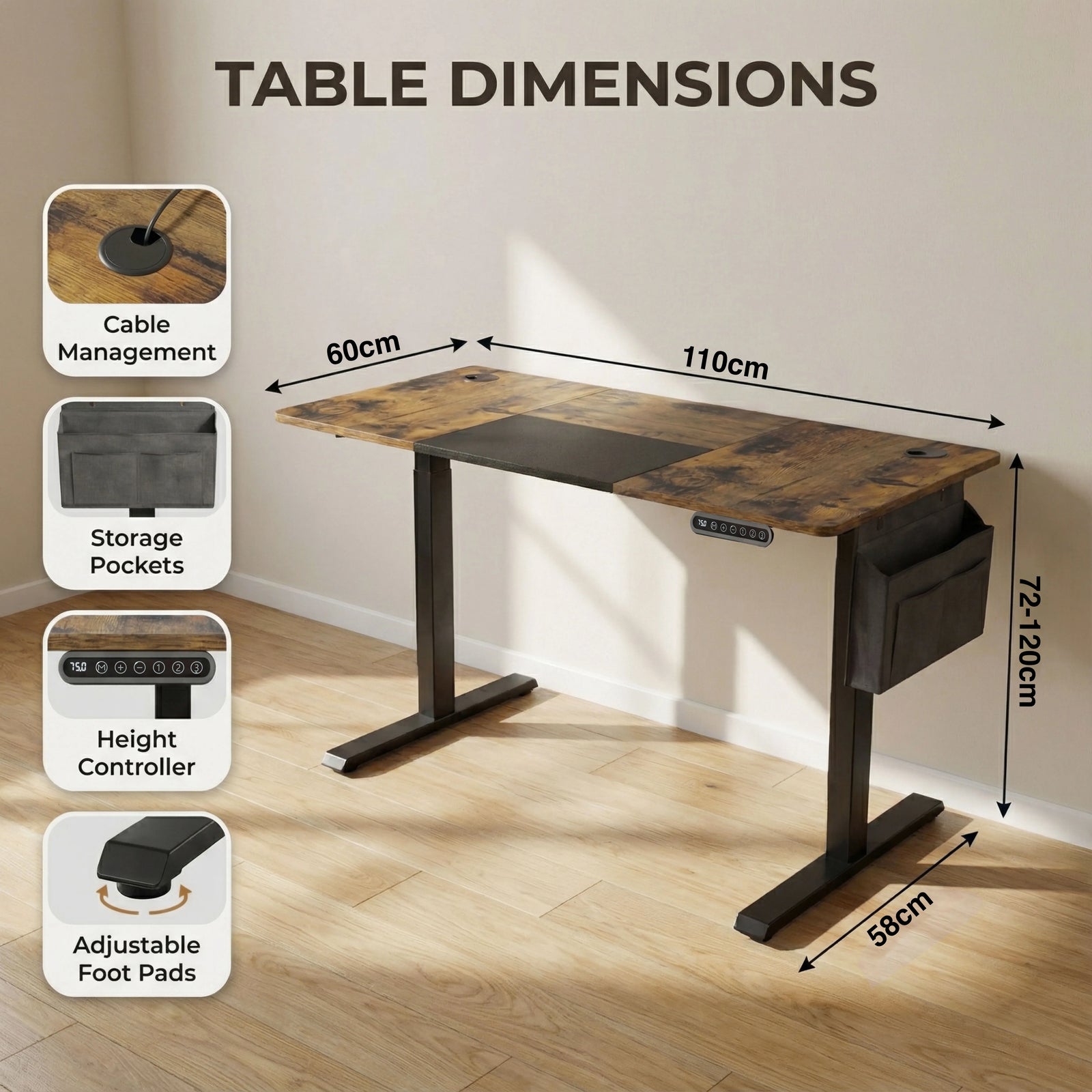 [110cm x 60cm] Labelled diagram with cable tray, pocket and controller icons; 110x60cm top, 72-120cm height, 58cm base