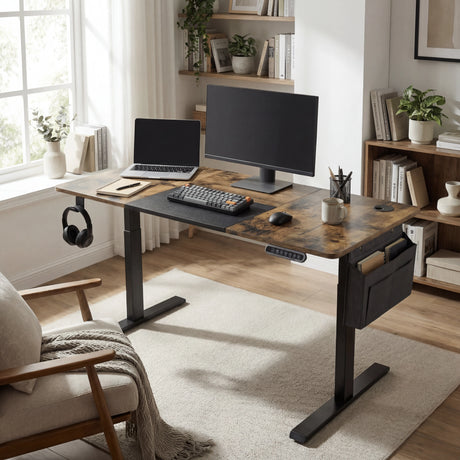 Adjustable Rustic Electric Standing Desk in cozy home office with monitor, laptop, and headphones, ideal for ergonomic workspace design.