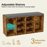 [Rustic] Shoe Storage Bench with Cushion featuring 3 adjustable shelves for customizable shoe rack cabinet