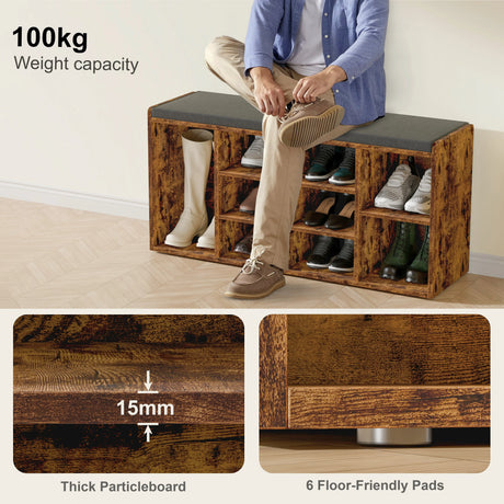[Rustic] Shoe storage bench with cushion and rustic wood finish, featuring 10 compartments for shoes and 100kg weight capacity