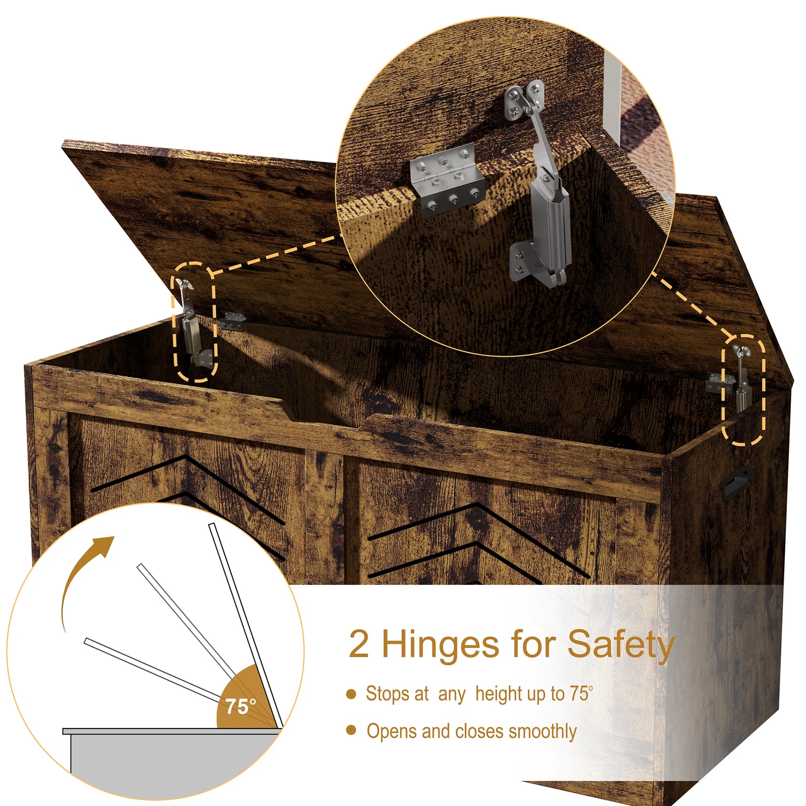 [Rustic] Wooden toy box with hinges highlighted, showing safety features.