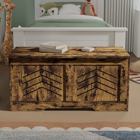 Wooden storage chest with arrow designs in a bedroom setting