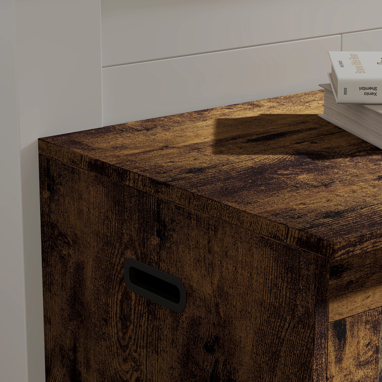 [Rustic] Storage Chest Shaker Style Blanket or Toy Box close-up detail showing distressed wood grain surface texture and recessed black carry handle on side