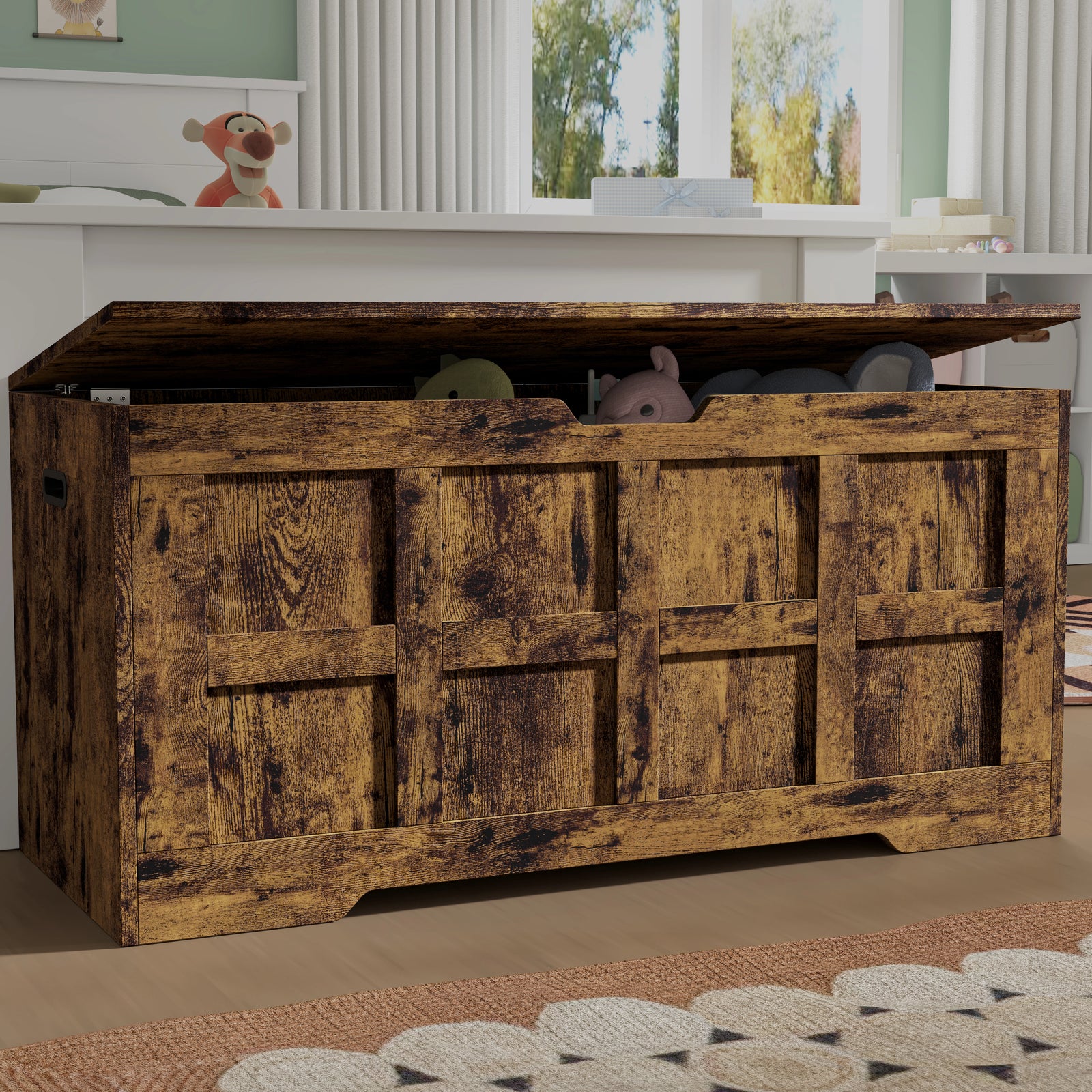 [Rustic] Storage Chest Shaker Style Blanket or Toy Box with lid open showing stuffed toys inside in a children's bedroom with sage green walls