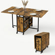 [Rustic] Kitchen & Dining Furniture Sets open and closed table views with place settings, storage base, and wheels.