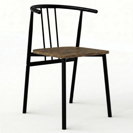 [Rustic] Torvi dining chair with black tubular metal frame, spindle back, armrests and rustic wood seat pad