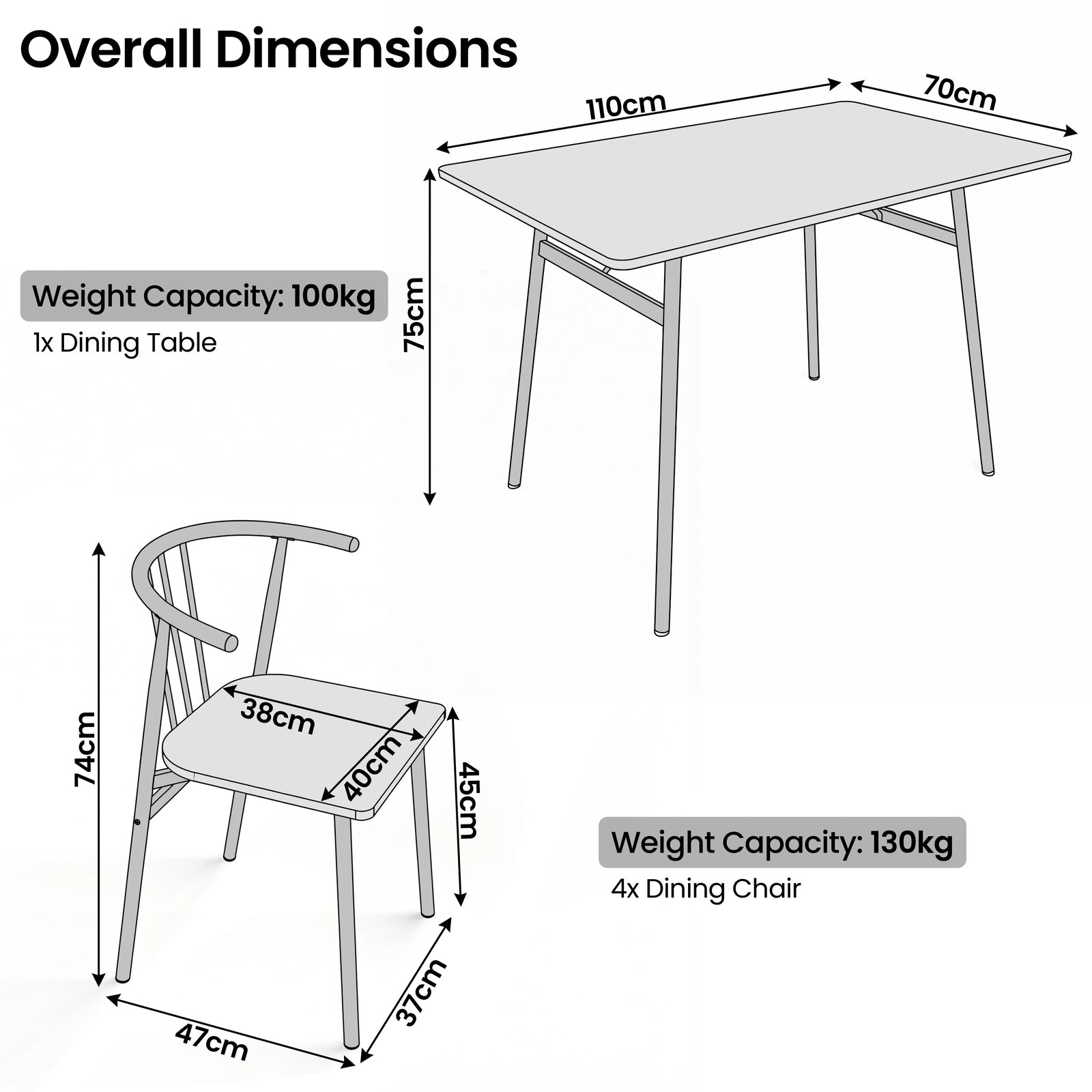 [Rustic] Torvi dining table and chairs set dimension diagram showing 110x70x75cm table and 74cm high chair with 38x40cm seat and weight capacity labels