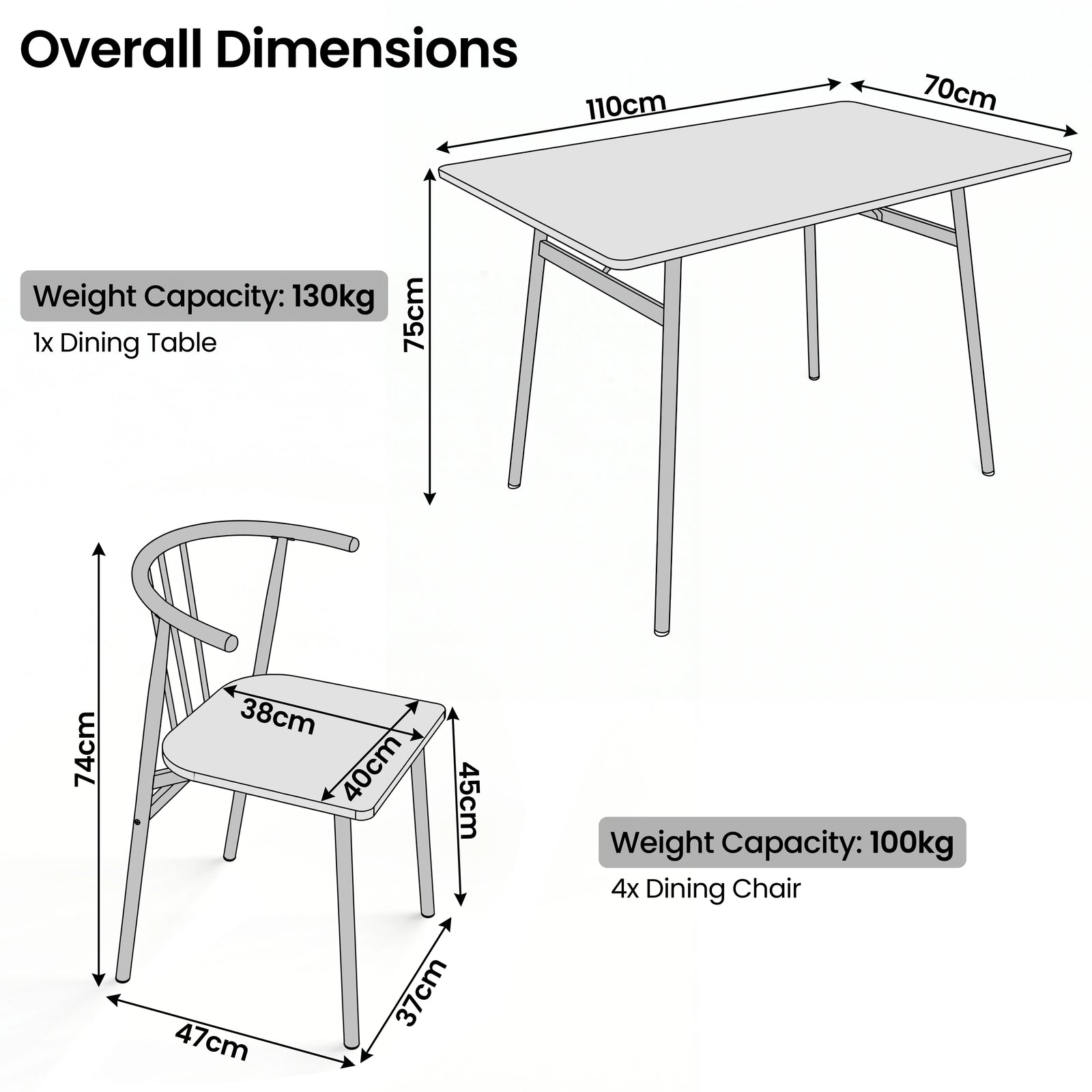 [Rustic] Torvi dining table and chairs set dimension diagram showing 110x70x75cm table and 74cm high chair with 38x40cm seat and weight capacity labels