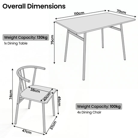 [Rustic] Torvi dining table and chairs set dimension diagram showing 110x70x75cm table and 74cm high chair with 38x40cm seat and weight capacity labels